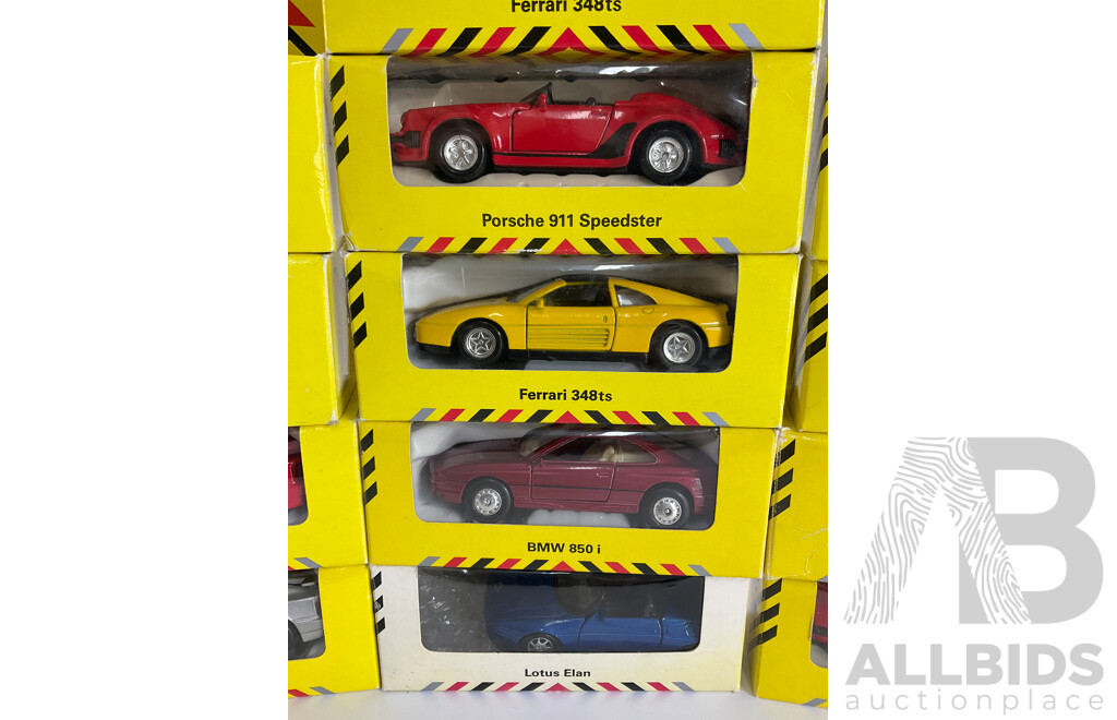 Nineteen Boxed Diecast Maisto Sportscar Collection Vehicles Including Lotus, Ferrari, Lamborghini, Jaguar, Porsche