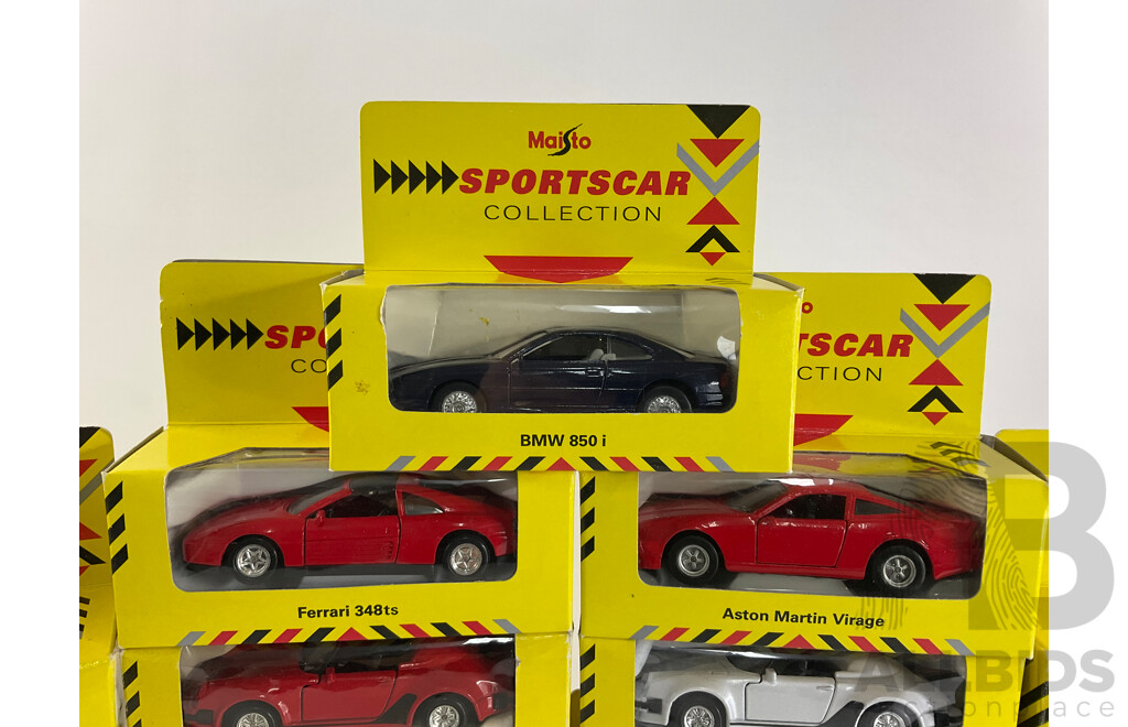 Nineteen Boxed Diecast Maisto Sportscar Collection Vehicles Including Lotus, Ferrari, Lamborghini, Jaguar, Porsche