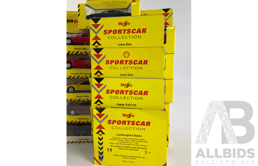 Nineteen Boxed Diecast Maisto Sportscar Collection Vehicles Including Lotus, Ferrari, Lamborghini, Jaguar, Porsche