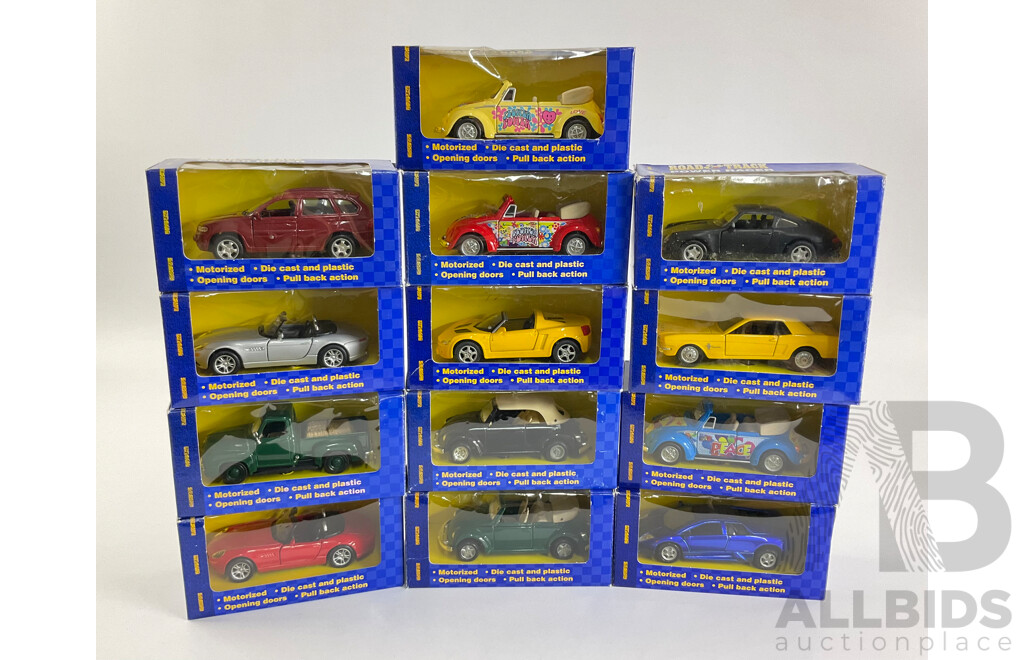 Thirteen Boxed Diecast Maisto Road  & Track Power Racer Vehicles Including Ford Mustang, BMW, Lamborghini, Volkswagen