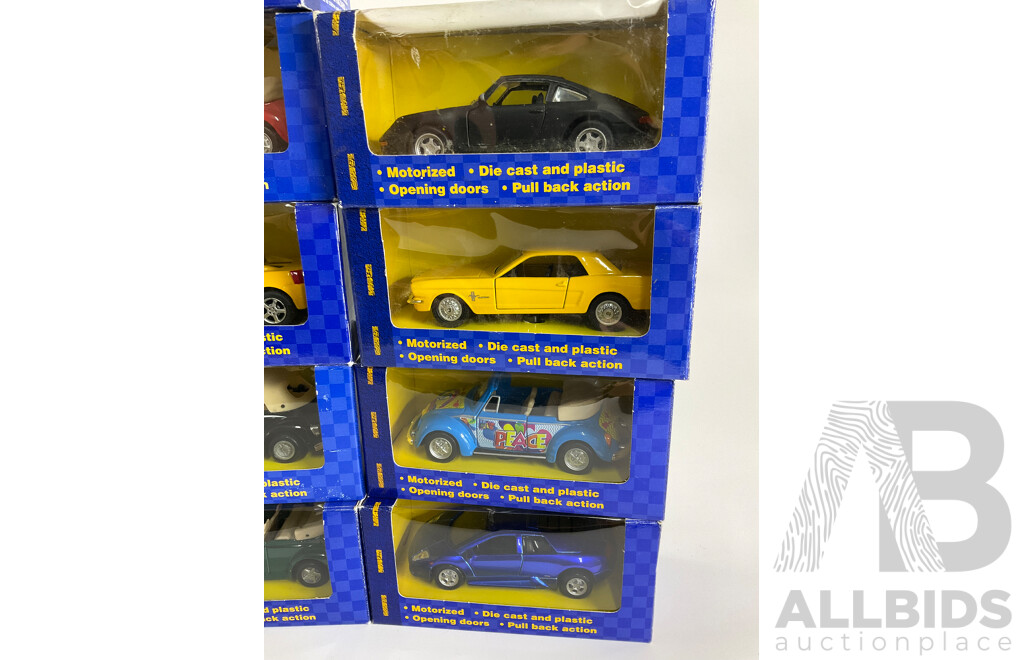 Thirteen Boxed Diecast Maisto Road  & Track Power Racer Vehicles Including Ford Mustang, BMW, Lamborghini, Volkswagen