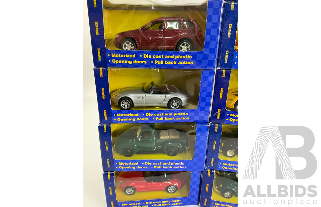Thirteen Boxed Diecast Maisto Road  & Track Power Racer Vehicles Including Ford Mustang, BMW, Lamborghini, Volkswagen
