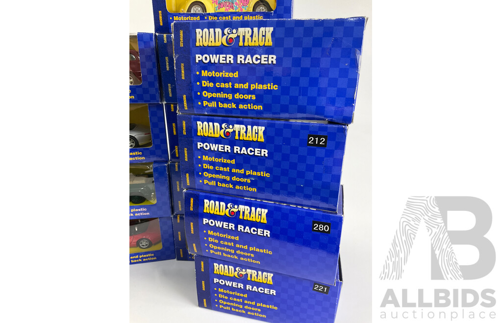 Thirteen Boxed Diecast Maisto Road  & Track Power Racer Vehicles Including Ford Mustang, BMW, Lamborghini, Volkswagen