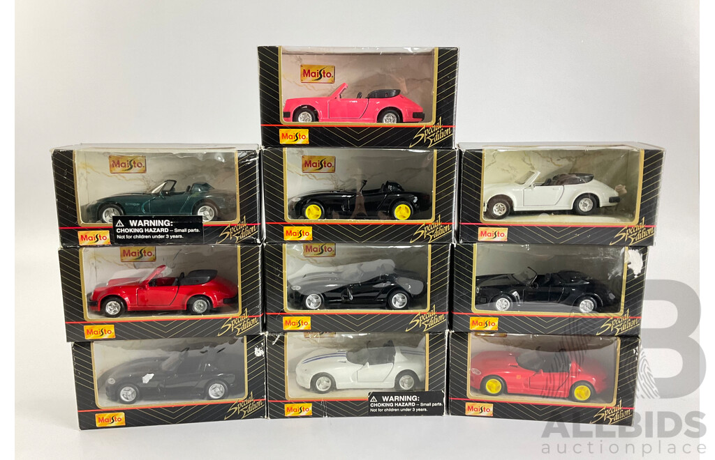 Ten Boxed Diecast Maisto Special Edition Vehicles Including Dodge and Porsche