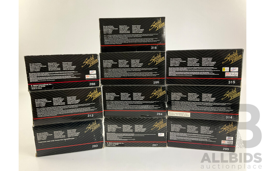 Ten Boxed Diecast Maisto Special Edition Vehicles Including Dodge and Porsche