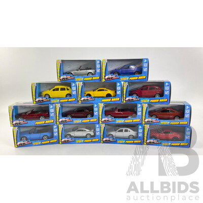 Thirteen Maisto Diecast Fresh Metal Power Racers Including Subaru, Honda, Ford Mustang, Camaro