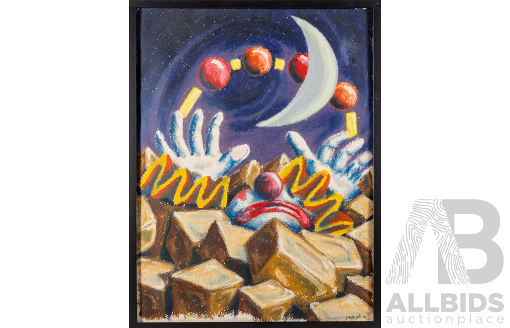 Francois (20th Century, Working 1990s), Juggling Clown Under the Moon, Mixed Media Paint & Pastel on Card, 79 x 60 cm (frame)