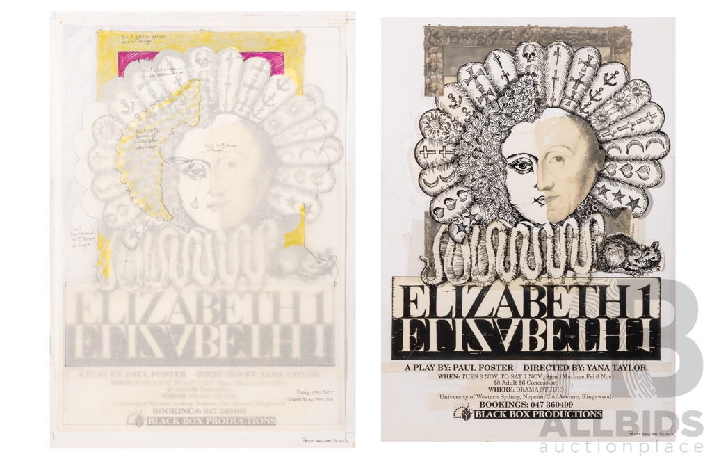 Francois (20th Century, C1990s-2005), Incomplete Mark Up of Elizabeth I Theatre Production Poster, Mickey & Friends & More, Five Uniquely Original Works, Oils on Card, 47 x 65 cm (largest) (5)