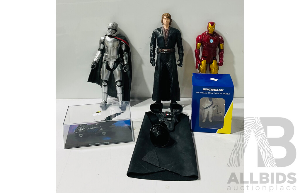 Collection of Collectable Figures and Models Including Michelin Man Collectable Figure, Batman Forever Batmobile and Star Wars and Marvel Action Figures