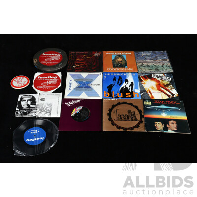 Collection Ten Seven Inch 45RPM Singles Including Leadleg in Film Tin, Three the Angels Examples, Steve Earl Copperhead Road, Talking Heads and More