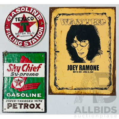 Collection of Metal Wall Signs Including Joey Ramone Commemorative Sign and Two Painted Cast Iron Signs Relating to Automobilia
