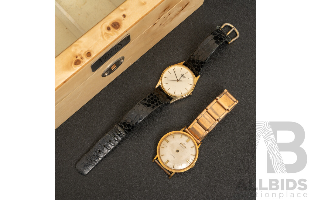 Seiko Quartz Watch 3421-0060 & Enicar Ultrasonic 25 Jewels (parts) with Arbutus New York Watch Box