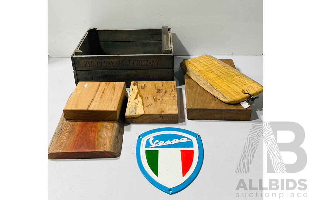 Collection of Wooden Chopping Boards and Display Boards Along with Cast Iron Reproduction Vespa Wall Hanging and Byron Bay Fruit Box
