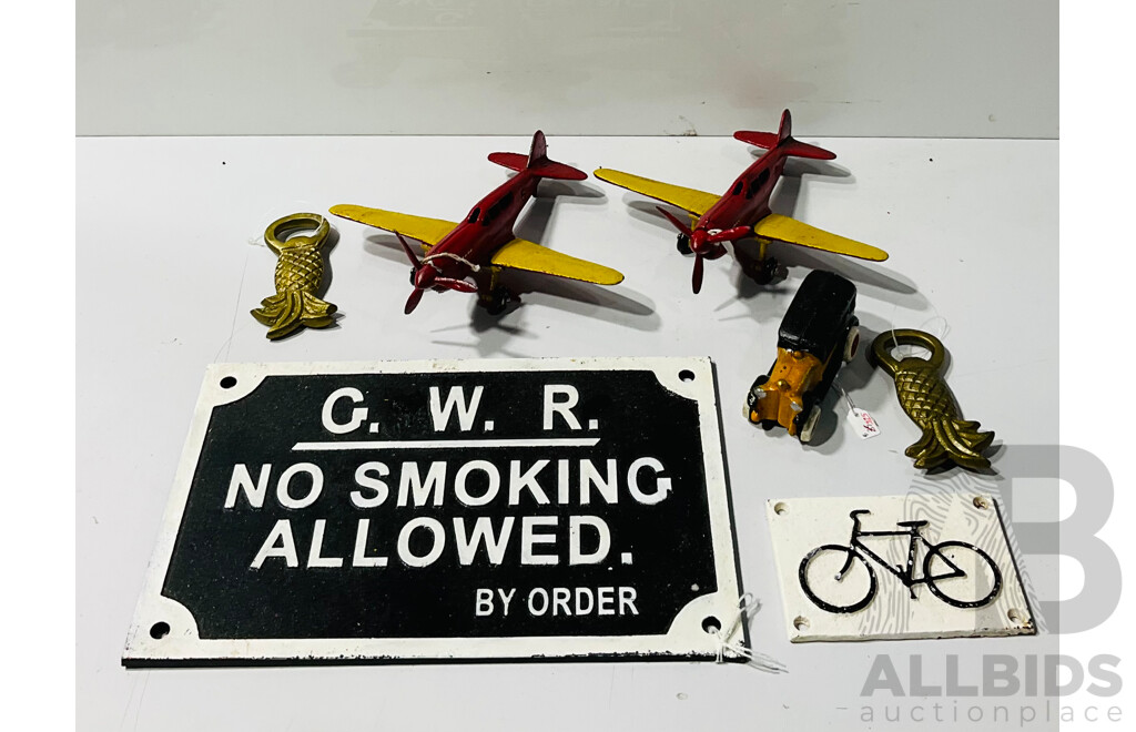 Collection of Painted Cast Iron Toys and Display Items Including Pair Propeller Planes, G.w.r Wall Sign and More