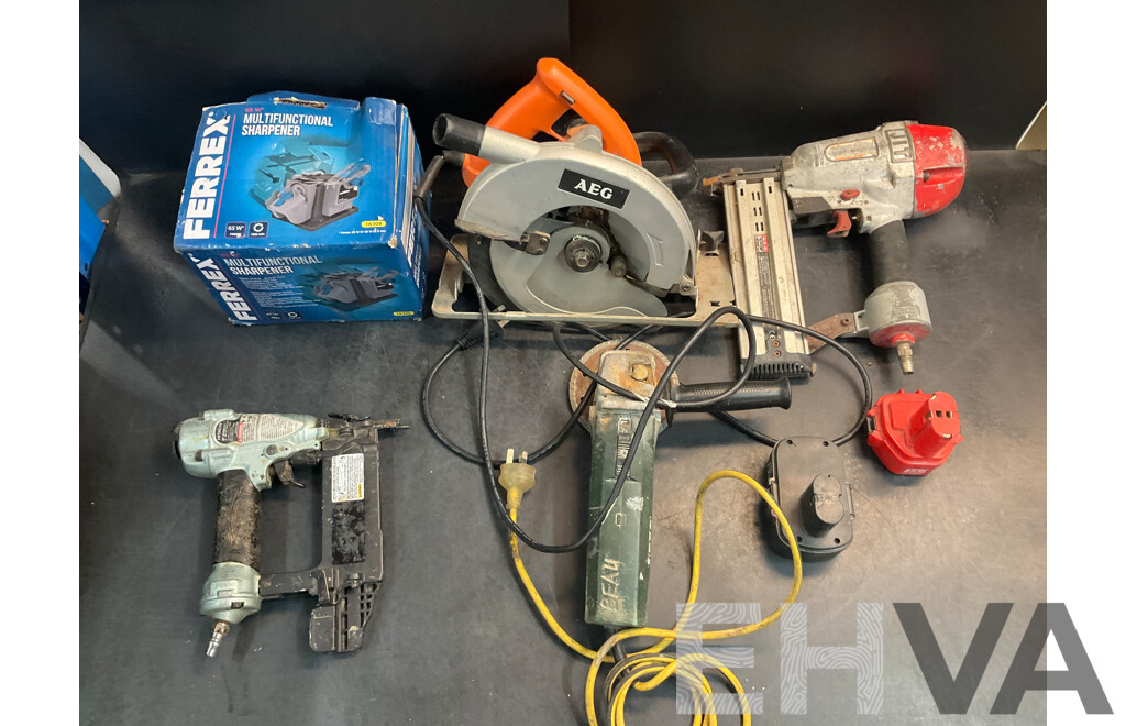 AEG Circular Saw, Metabo Angle Grinder, Hitachi Nail Gun, Batteries and Ferrex Multifunctional Sharpener