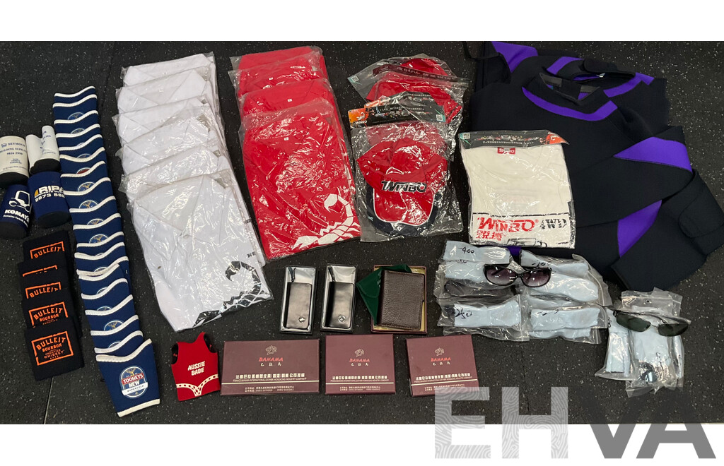 Assorted Bundle of Polo Tops (x10), Caps (x4), Wetsuit - Long Sleeve, Size M and L, Wallets (x4), Key Wallet (x2), Sunglasses (x20) and Can Coolers