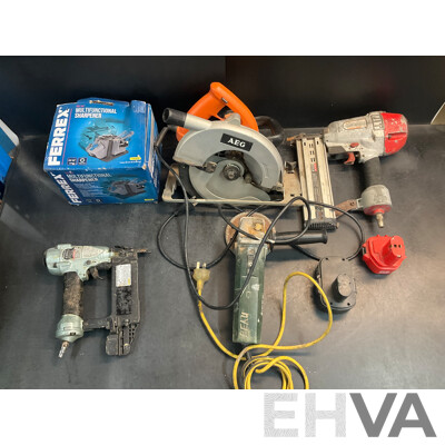AEG Circular Saw, Metabo Angle Grinder, Hitachi Nail Gun, Batteries and Ferrex Multifunctional Sharpener