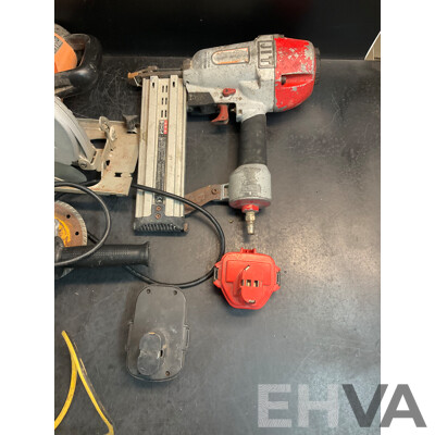AEG Circular Saw, Metabo Angle Grinder, Hitachi Nail Gun, Batteries and Ferrex Multifunctional Sharpener