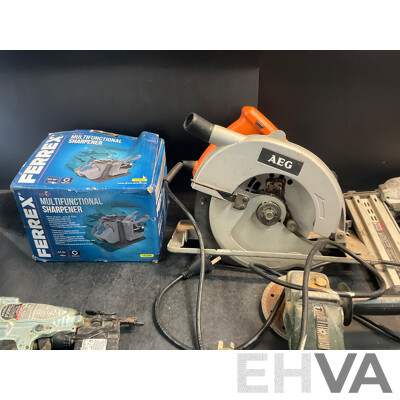 AEG Circular Saw, Metabo Angle Grinder, Hitachi Nail Gun, Batteries and Ferrex Multifunctional Sharpener