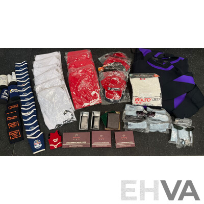 Assorted Bundle of Polo Tops (x10), Caps (x4), Wetsuit - Long Sleeve, Size M and L, Wallets (x4), Key Wallet (x2), Sunglasses (x20) and Can Coolers