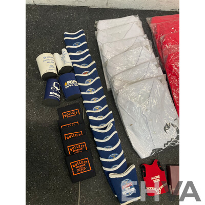 Assorted Bundle of Polo Tops (x10), Caps (x4), Wetsuit - Long Sleeve, Size M and L, Wallets (x4), Key Wallet (x2), Sunglasses (x20) and Can Coolers