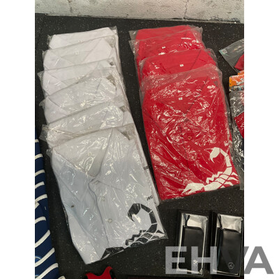 Assorted Bundle of Polo Tops (x10), Caps (x4), Wetsuit - Long Sleeve, Size M and L, Wallets (x4), Key Wallet (x2), Sunglasses (x20) and Can Coolers