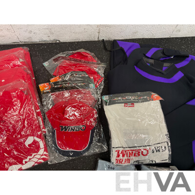 Assorted Bundle of Polo Tops (x10), Caps (x4), Wetsuit - Long Sleeve, Size M and L, Wallets (x4), Key Wallet (x2), Sunglasses (x20) and Can Coolers