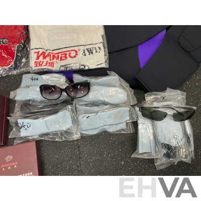 Assorted Bundle of Polo Tops (x10), Caps (x4), Wetsuit - Long Sleeve, Size M and L, Wallets (x4), Key Wallet (x2), Sunglasses (x20) and Can Coolers