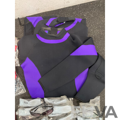Assorted Bundle of Polo Tops (x10), Caps (x4), Wetsuit - Long Sleeve, Size M and L, Wallets (x4), Key Wallet (x2), Sunglasses (x20) and Can Coolers