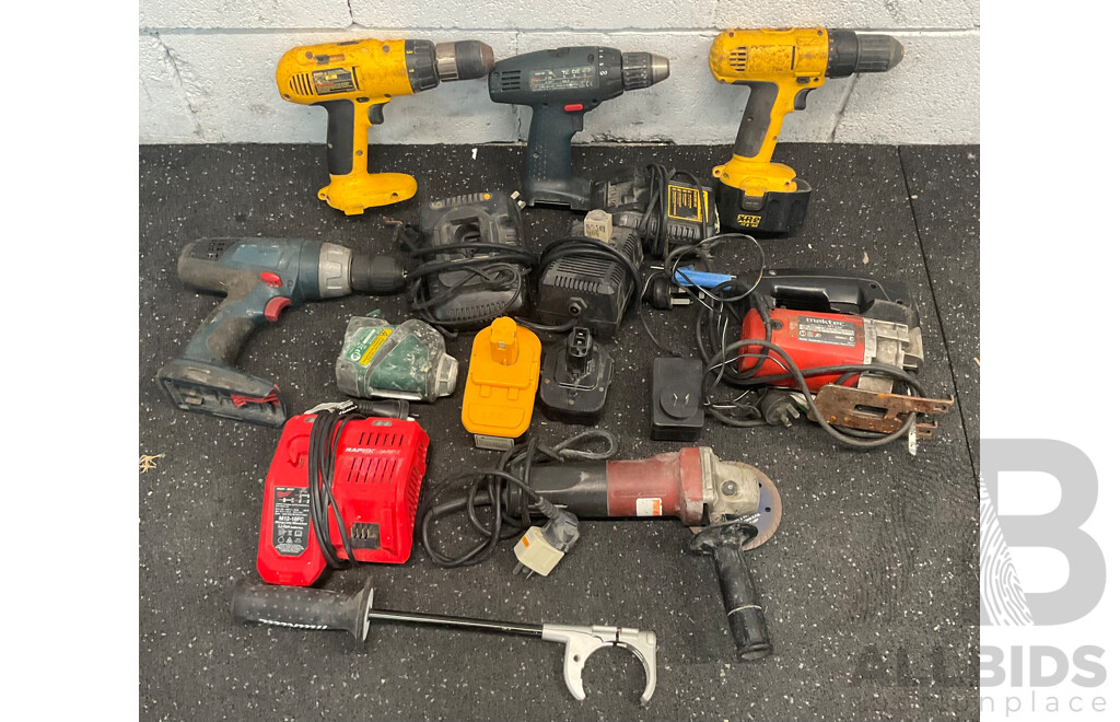 Assorted Power Tools - Drills, Angle Grinder, Jigsaw and Batteries