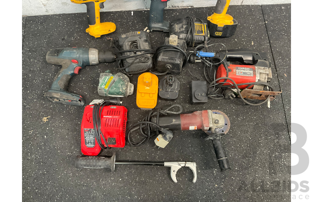 Assorted Power Tools - Drills, Angle Grinder, Jigsaw and Batteries