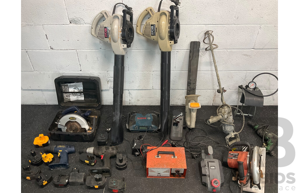Assorted Tools Including RYOBI Blowers, BOSCH Radio, GMC Saw, Foot Air Pump and More  - Lot of 15