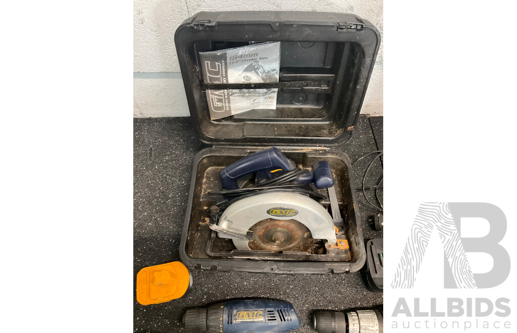 Assorted Tools Including RYOBI Blowers, BOSCH Radio, GMC Saw, Foot Air Pump and More  - Lot of 15