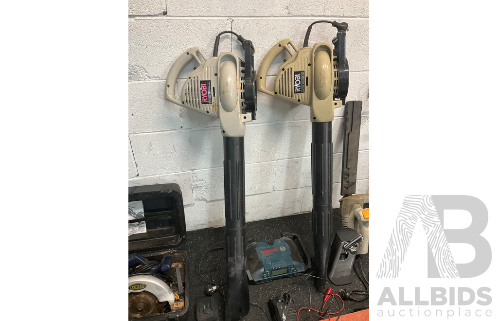Assorted Tools Including RYOBI Blowers, BOSCH Radio, GMC Saw, Foot Air Pump and More  - Lot of 15