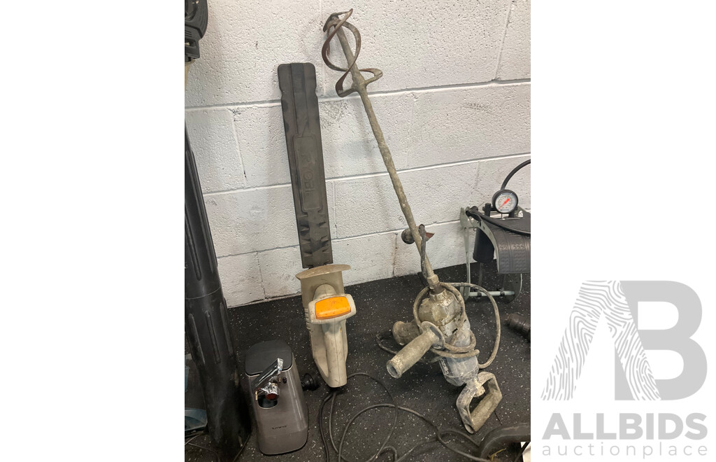 Assorted Tools Including RYOBI Blowers, BOSCH Radio, GMC Saw, Foot Air Pump and More  - Lot of 15