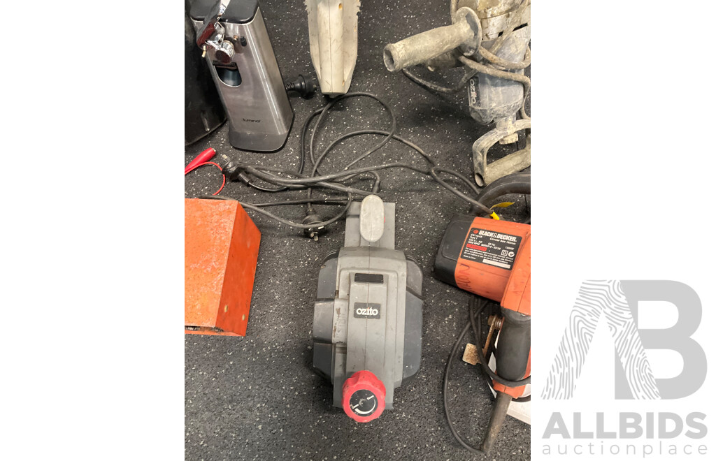 Assorted Tools Including RYOBI Blowers, BOSCH Radio, GMC Saw, Foot Air Pump and More  - Lot of 15