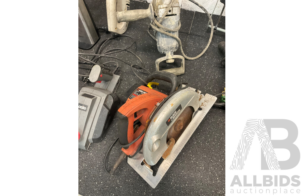 Assorted Tools Including RYOBI Blowers, BOSCH Radio, GMC Saw, Foot Air Pump and More  - Lot of 15
