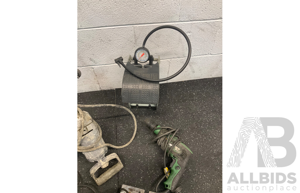 Assorted Tools Including RYOBI Blowers, BOSCH Radio, GMC Saw, Foot Air Pump and More  - Lot of 15