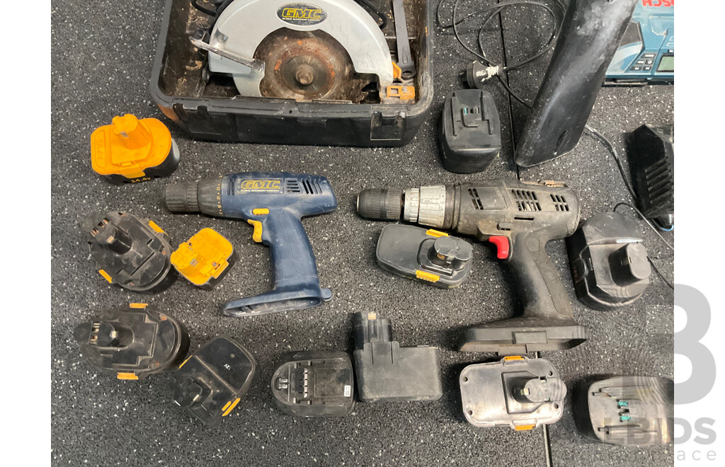 Assorted Tools Including RYOBI Blowers, BOSCH Radio, GMC Saw, Foot Air Pump and More  - Lot of 15