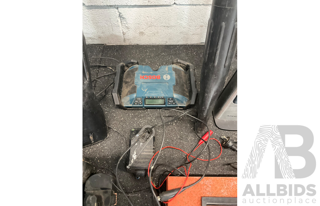 Assorted Tools Including RYOBI Blowers, BOSCH Radio, GMC Saw, Foot Air Pump and More  - Lot of 15