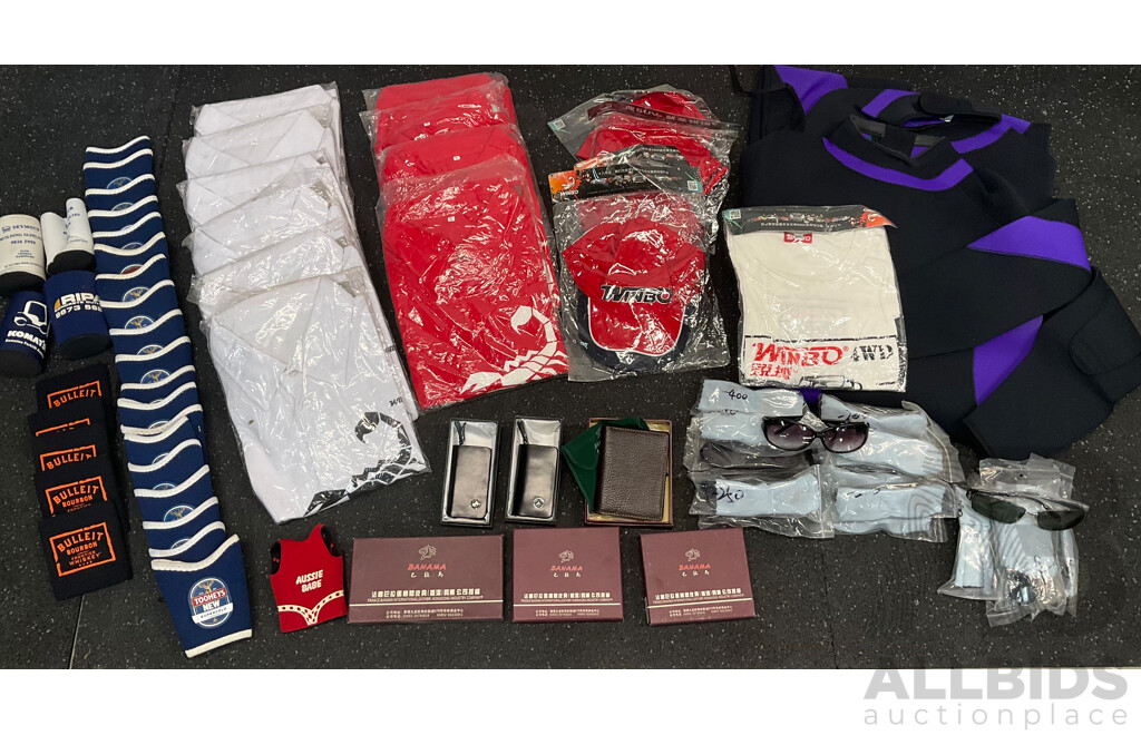 Assorted Bundle of Polo Tops (x10), Caps (x4), Wetsuit - Long Sleeve, Size M and L, Wallets (x4), Key Wallet (x2), Sunglasses (x20) and Can Coolers