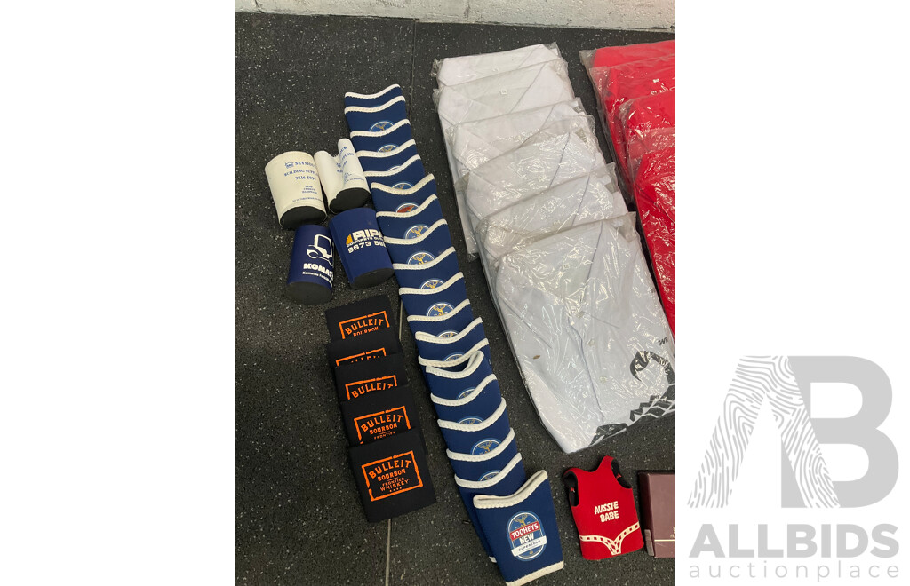 Assorted Bundle of Polo Tops (x10), Caps (x4), Wetsuit - Long Sleeve, Size M and L, Wallets (x4), Key Wallet (x2), Sunglasses (x20) and Can Coolers