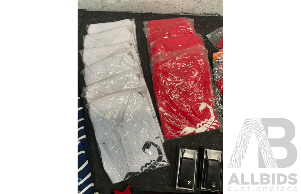 Assorted Bundle of Polo Tops (x10), Caps (x4), Wetsuit - Long Sleeve, Size M and L, Wallets (x4), Key Wallet (x2), Sunglasses (x20) and Can Coolers