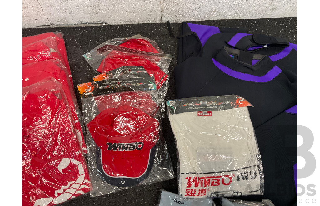 Assorted Bundle of Polo Tops (x10), Caps (x4), Wetsuit - Long Sleeve, Size M and L, Wallets (x4), Key Wallet (x2), Sunglasses (x20) and Can Coolers