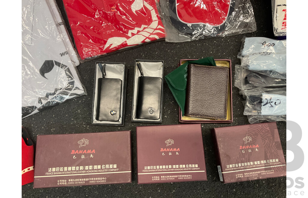 Assorted Bundle of Polo Tops (x10), Caps (x4), Wetsuit - Long Sleeve, Size M and L, Wallets (x4), Key Wallet (x2), Sunglasses (x20) and Can Coolers