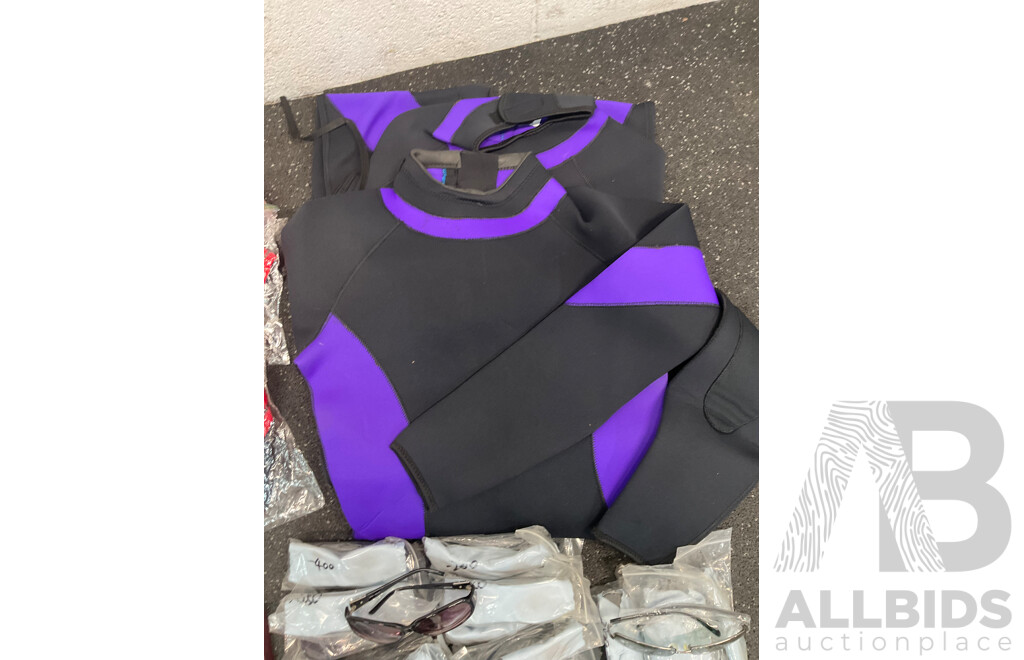 Assorted Bundle of Polo Tops (x10), Caps (x4), Wetsuit - Long Sleeve, Size M and L, Wallets (x4), Key Wallet (x2), Sunglasses (x20) and Can Coolers