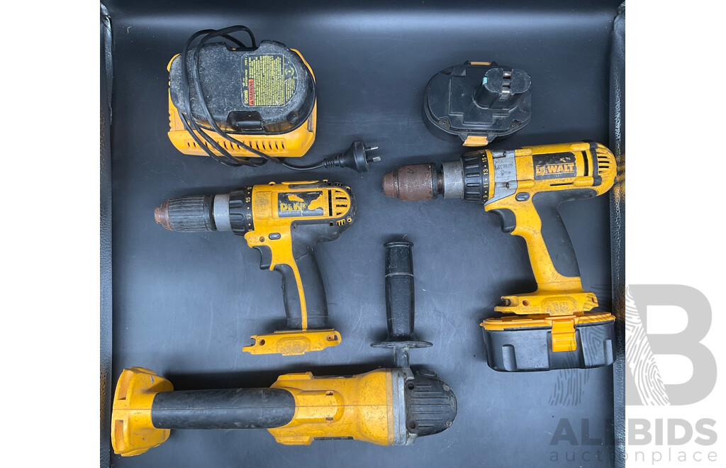 Dewalt Power Drills (x2), Angle Grinder, 3x 18v Batteries and Charger