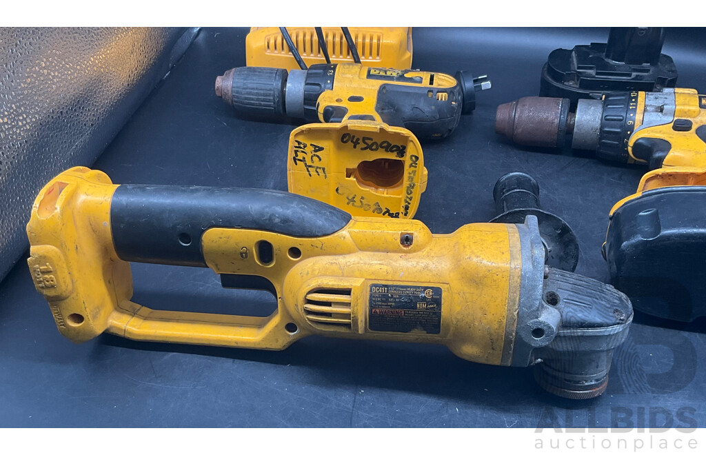 Dewalt Power Drills (x2), Angle Grinder, 3x 18v Batteries and Charger