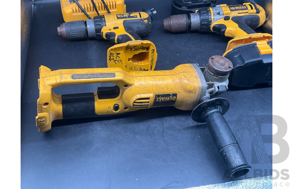 Dewalt Power Drills (x2), Angle Grinder, 3x 18v Batteries and Charger