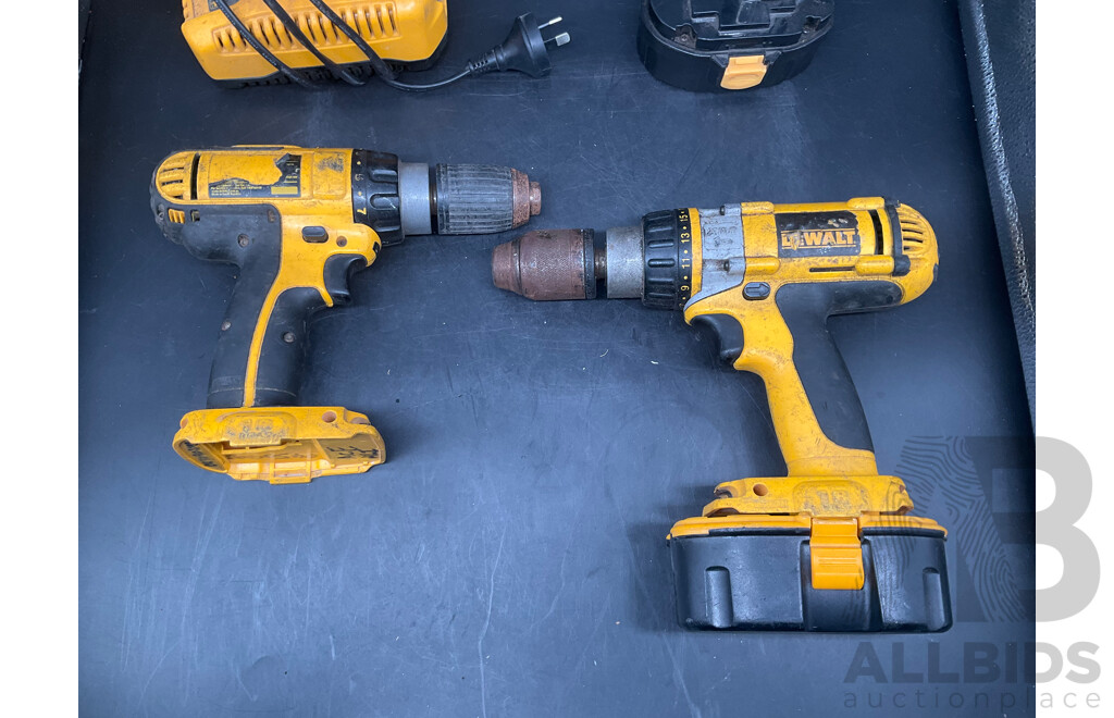 Dewalt Power Drills (x2), Angle Grinder, 3x 18v Batteries and Charger